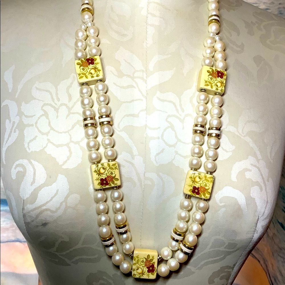 Signed Japan VTG Faux Pearl Floral Bead Necklace